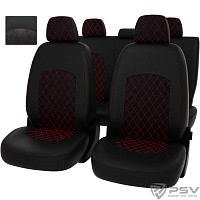 Чехлы Kia K5 III 2020-> РОМБ /отстрочка красная, черная экокожа + черная алькантара "Оригинал"