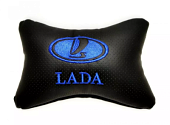 Подушка автомобильная на подголовник косточка LADA синия вышевка ортопедическая эко-кожа в индив